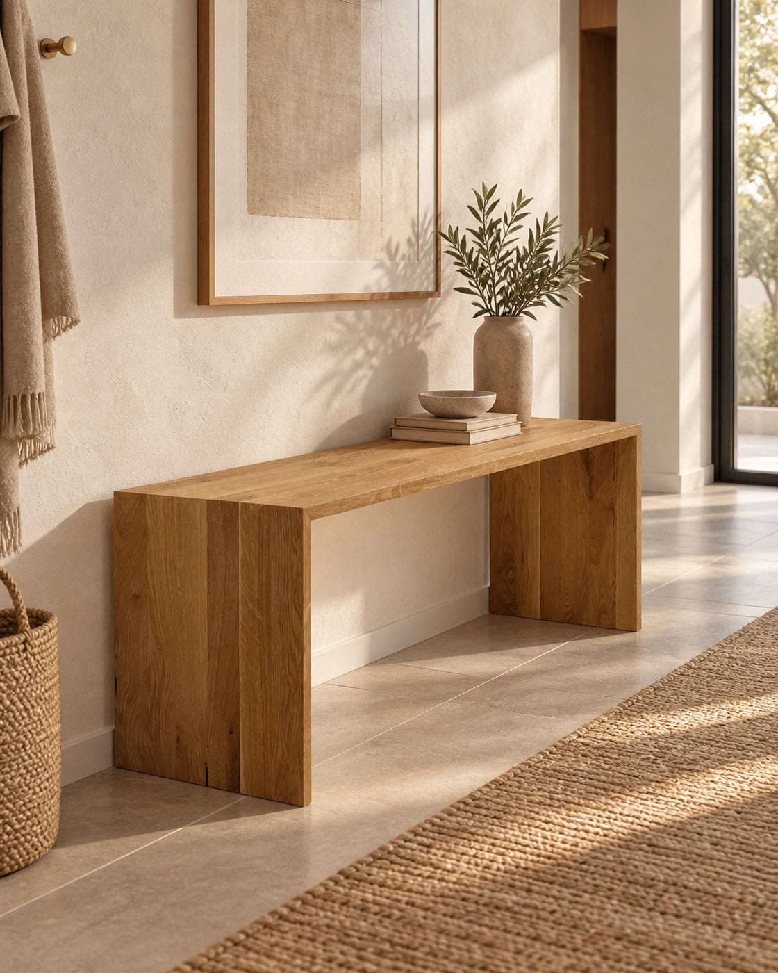 Sitzbank aus massiver Eiche 100 × 30 × 45 cm in einem hochwertigen Architekturinterieur