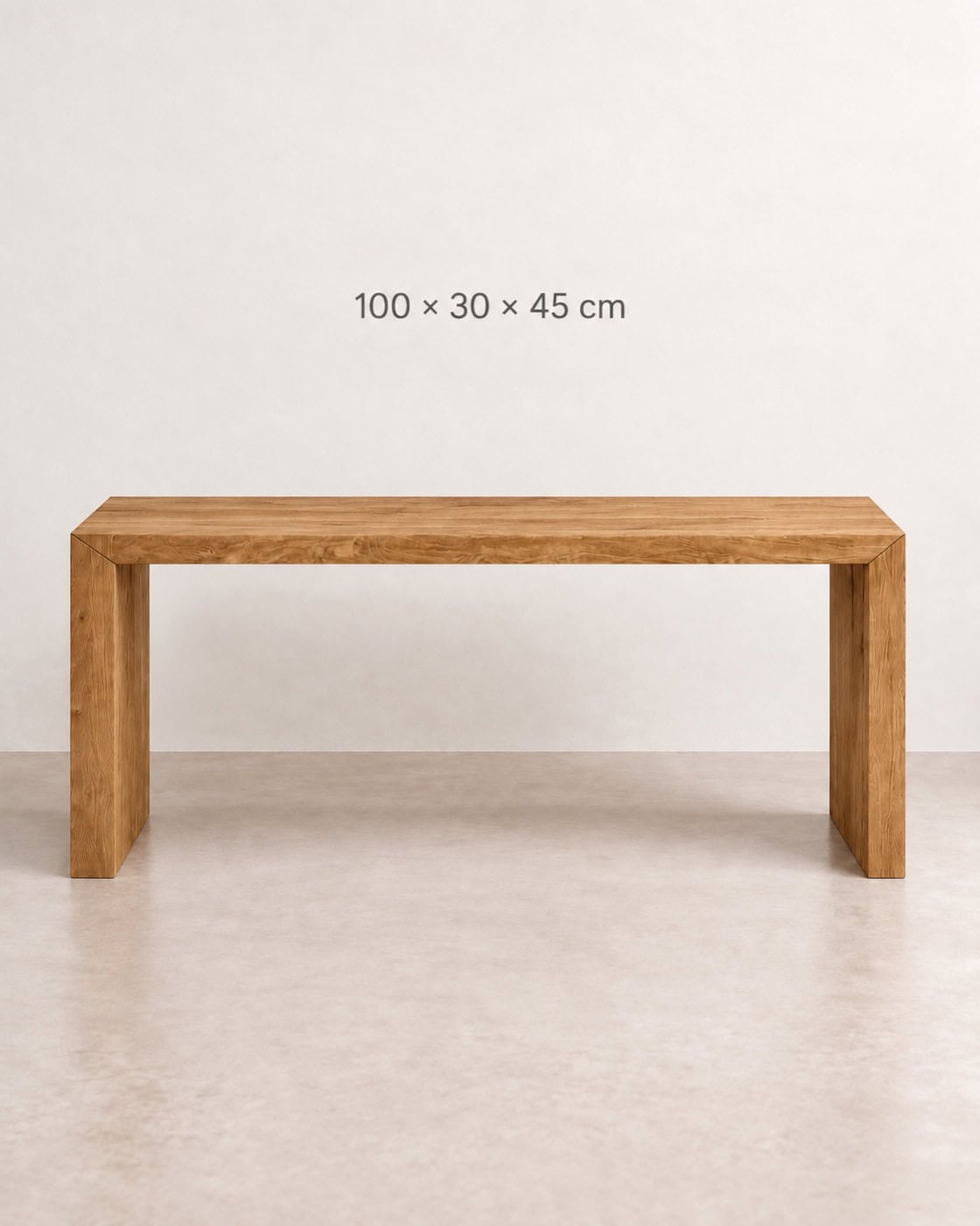 Sitzbank aus massiver Eiche 100 × 30 × 45 cm mit Maßangaben 100 × 30 × 45 cm