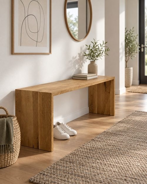 Sitzbank aus massiver Eiche 100 × 30 × 45 cm in einer passenden Anwendungssituation