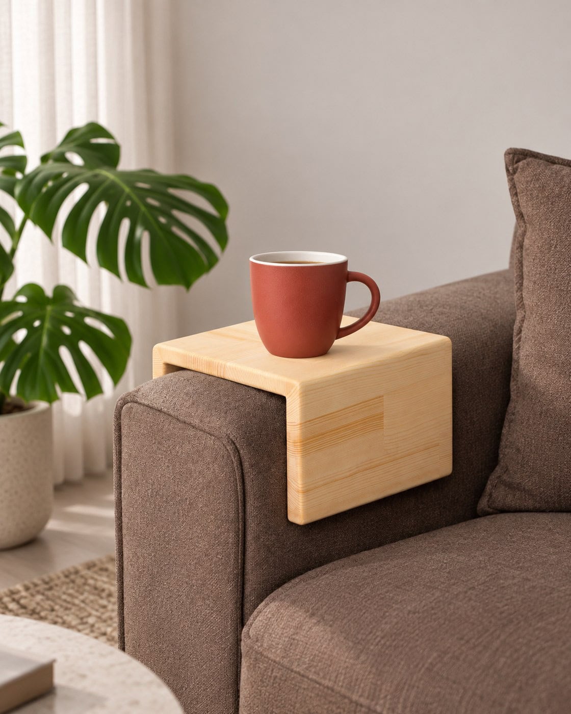 Armlehnenablage aus Fichtenholz in einem modernen Wohnzimmer