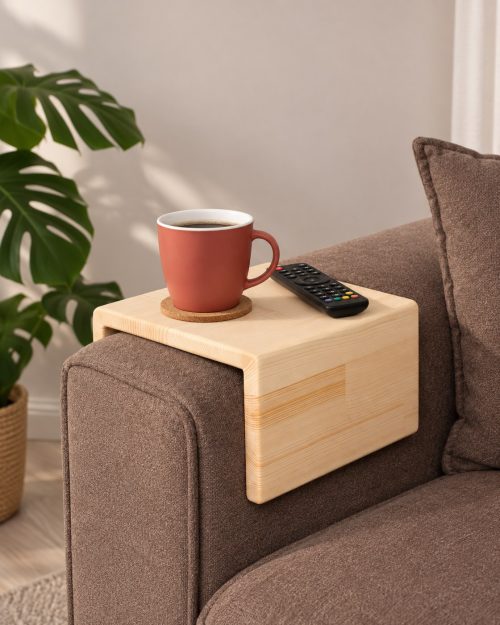 Armlehnenablage aus hellem Fichtenholz mit Tasse und Fernbedienung