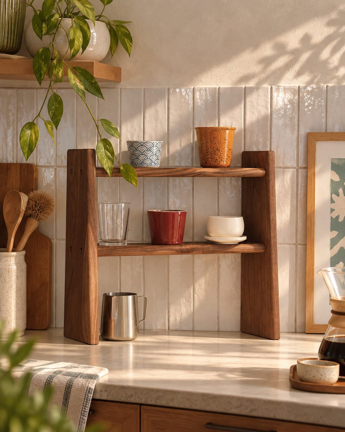 Tassenregal aus Massivholz für die Arbeitsplatte in einem hochwertigen Architekturinterieur