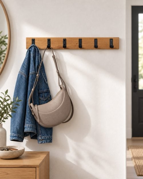 Wandgarderobe Eiche mit schwarzen Haken in einer passenden Anwendungssituation