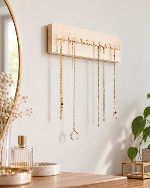 Wandhalter für Halsketten aus Holz in einer passenden Anwendungssituation