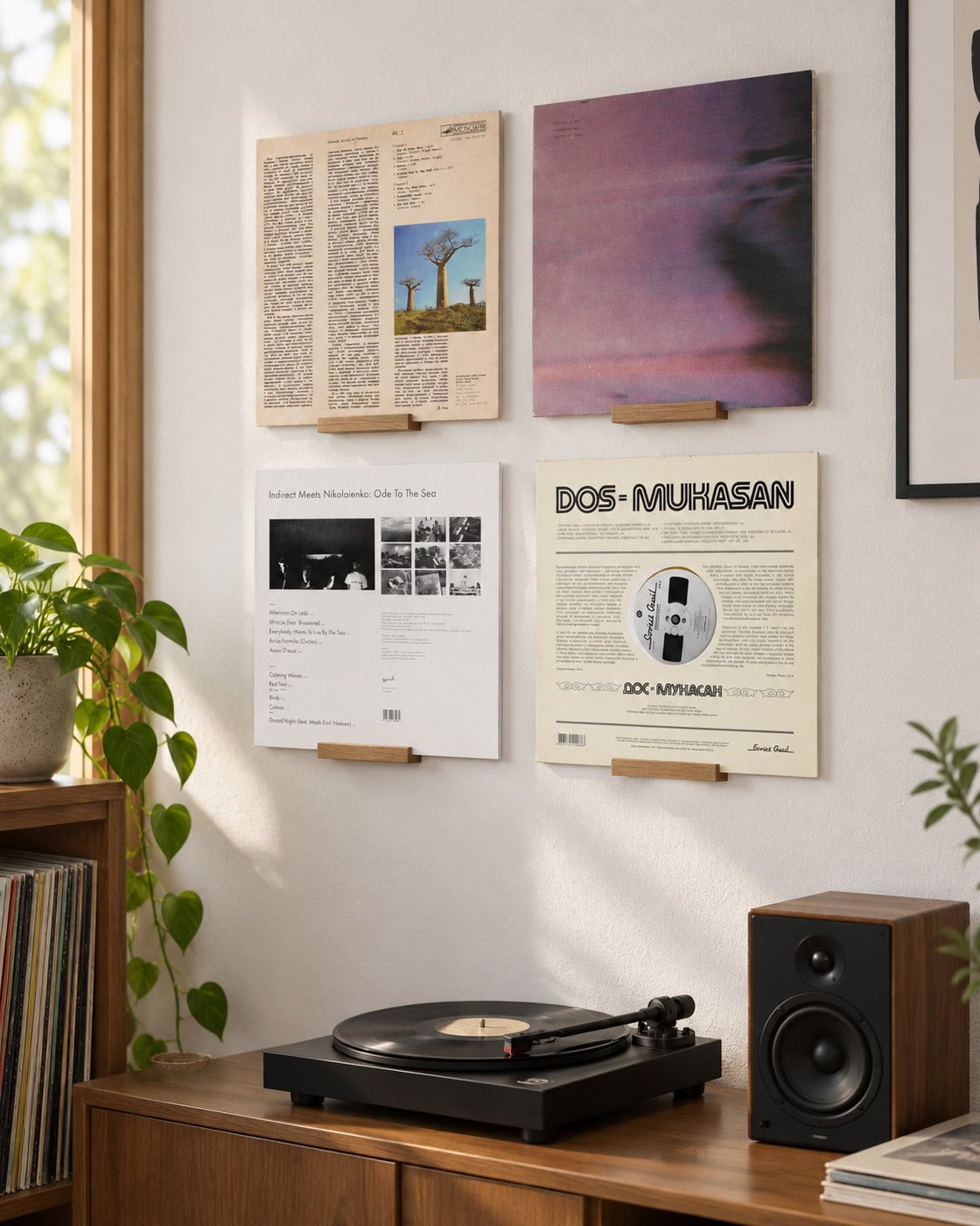 Wandhalter für Schallplatten aus Eiche in einer anders gestalteten Umgebung
