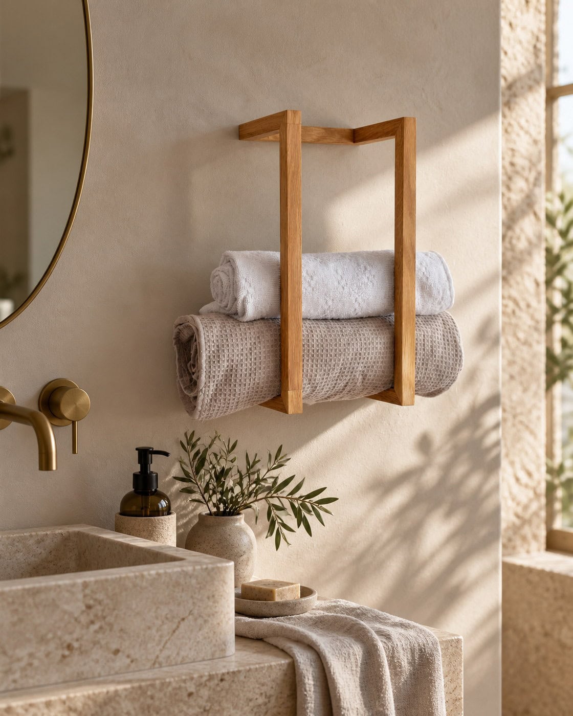 Wandhandtuchhalter aus Holz in einem hochwertigen Architekturinterieur