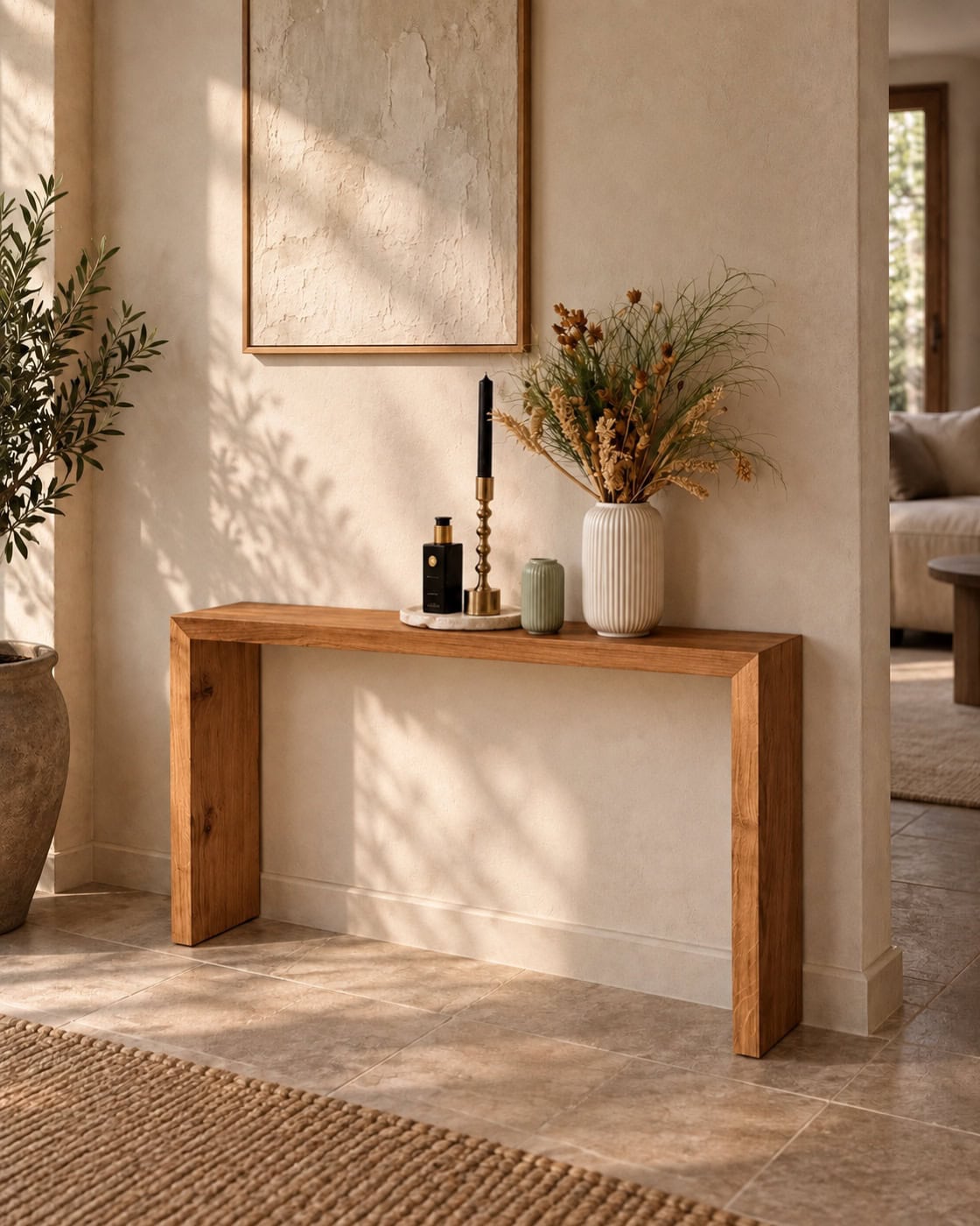 Wandkonsole aus massiver Eiche in einem hochwertigen Architekturinterieur
