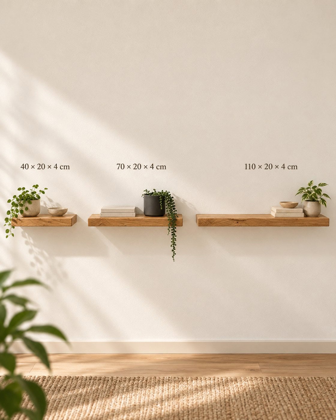 Wandregale aus Eiche in 40, 70 und 110 cm Länge