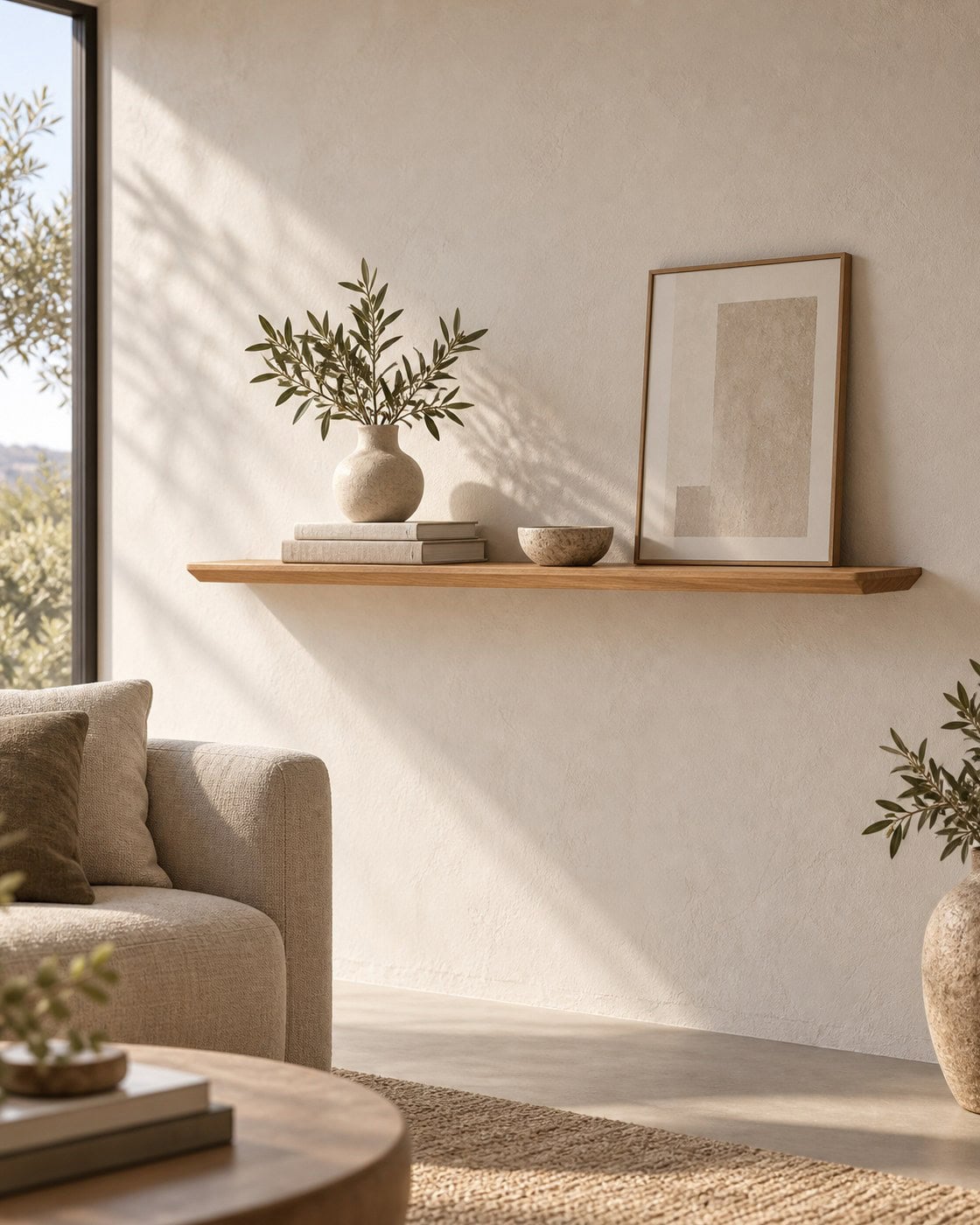 Wandregal aus Eiche mit Schweizer Kante in einem architektonischen Wohnzimmer
