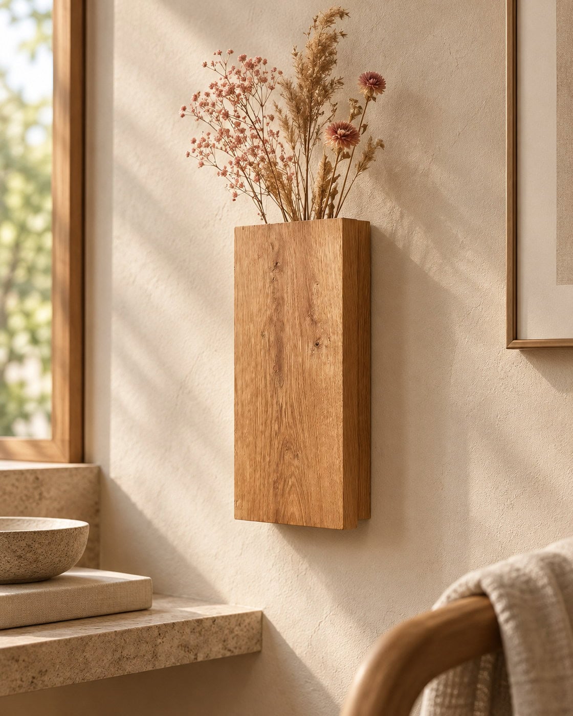 Wandvase Eiche für Trockenblumen in einem hochwertigen Architekturinterieur
