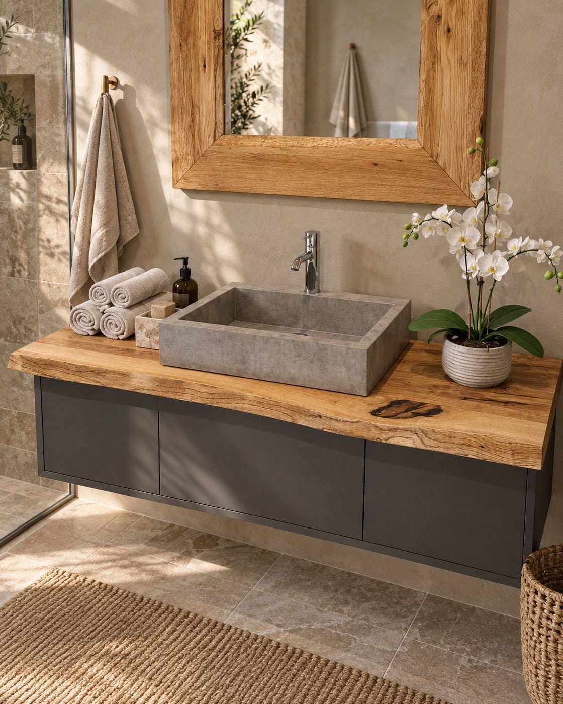 Waschtischkonsole Eiche 4 cm nach Maß in einem hochwertigen Architekturinterieur