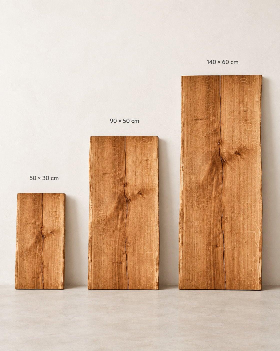 Waschtischplatte Eiche 4 cm mit Baumkante mit Maßangaben 50 × 30 cm; 90 × 50 cm; 140 × 60 cm