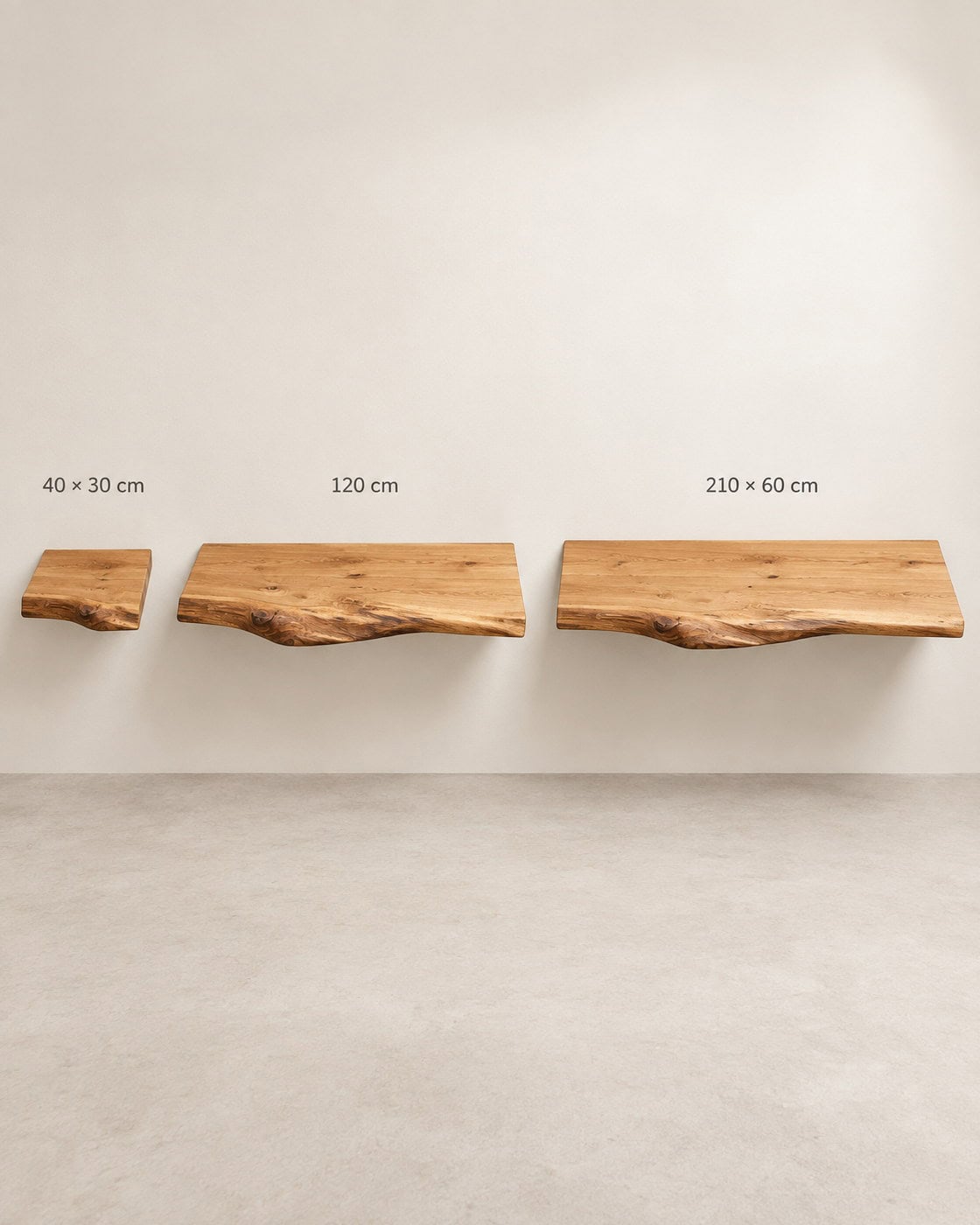 Waschtischplatte Eiche mit Baumkante mit Maßangaben 40 × 30 cm; 120 cm; 210 × 60 cm