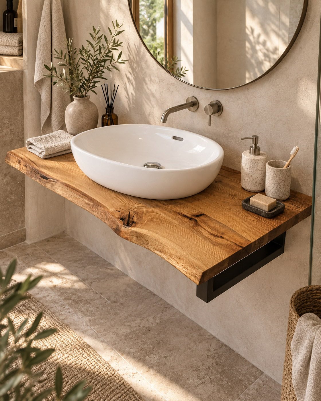 Waschtischplatte Eiche mit Naturkante in einem hochwertigen Architekturinterieur