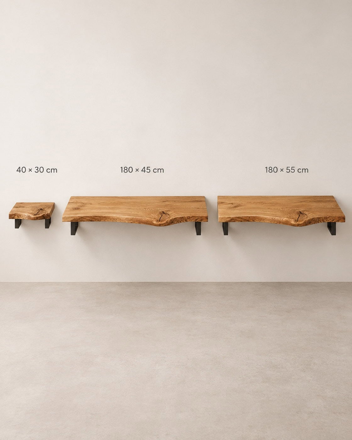 Waschtischplatte Eiche mit Naturkante mit Maßangaben 40 × 30 cm; 180 × 45 cm; 180 × 55 cm