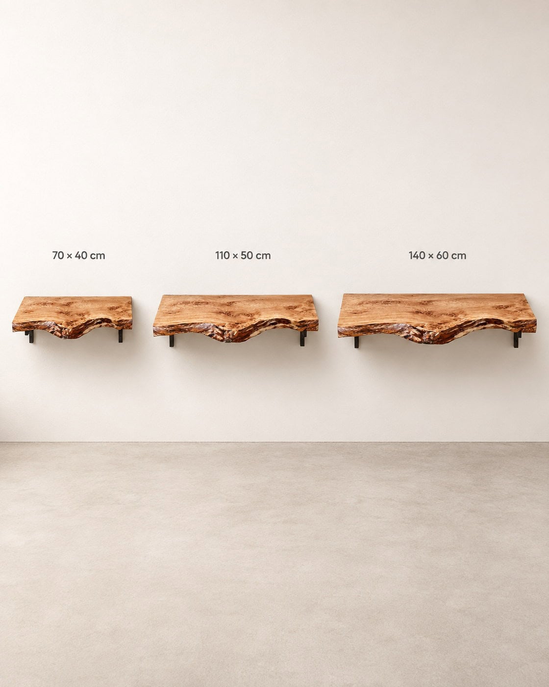 Waschtischplatte Roseneiche 6 cm mit Maßangaben 70 × 40 cm; 110 × 50 cm; 140 × 60 cm