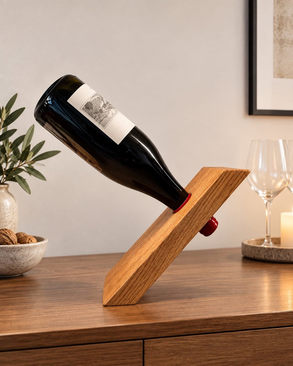 Weinflaschenhalter aus Eiche mit schwebendem Balanceeffekt