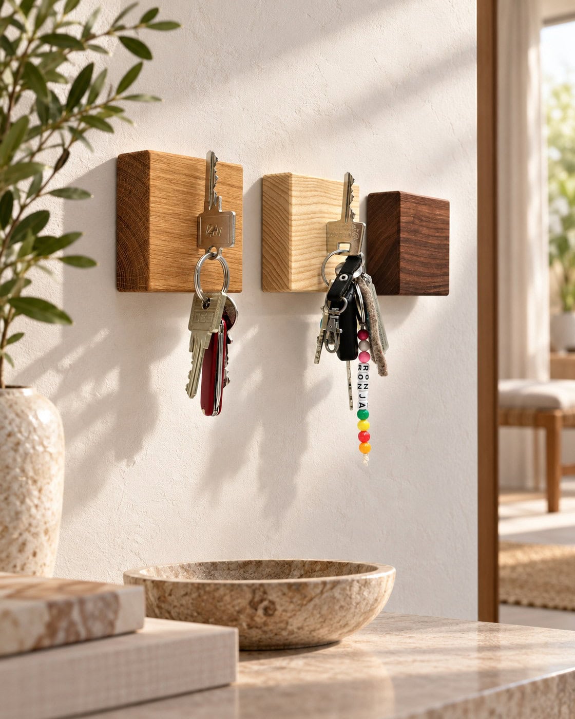 Würfel-Magnethalter aus Holz im 3er-Set in einem hochwertigen Architekturinterieur