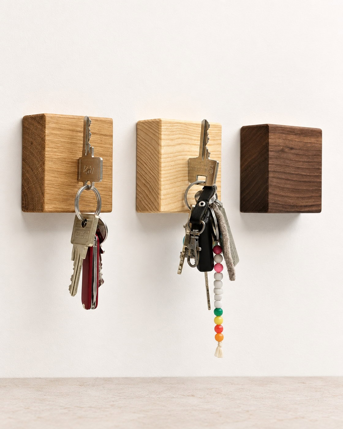 Würfel-Magnethalter aus Holz im 3er-Set mit Maßangaben in Frontansicht