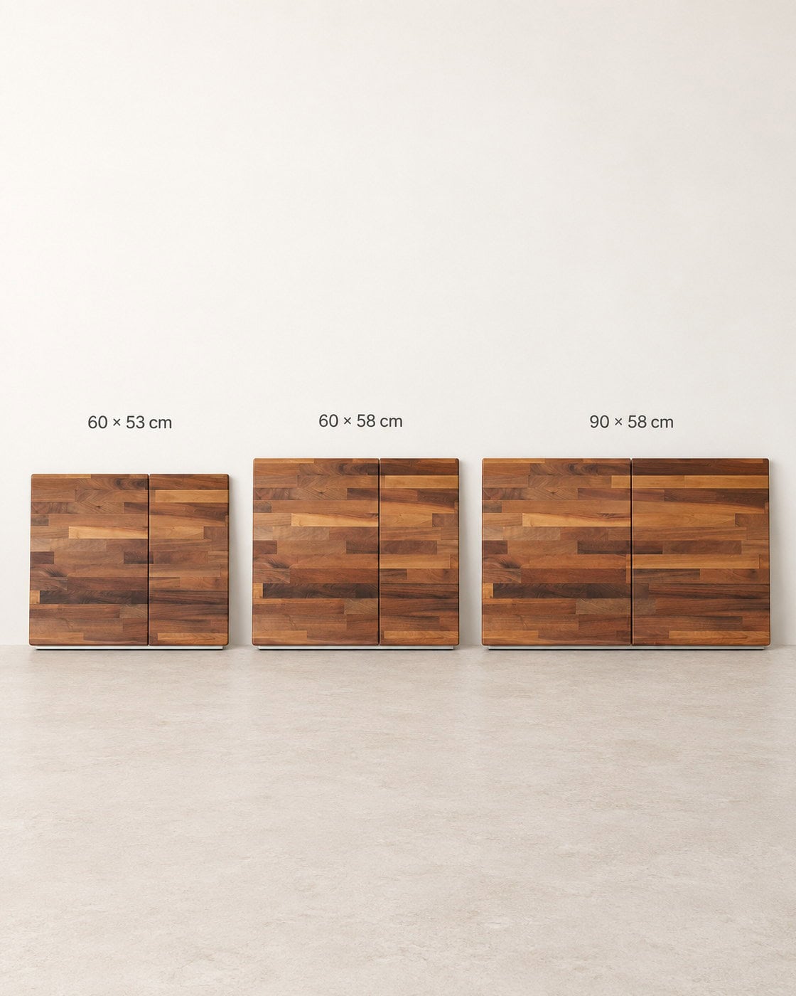Zweiteilige Kochfeldabdeckung Nussbaum 19 mm mit Maßangaben 60 × 53 cm; 60 × 58 cm; 90 × 58 cm