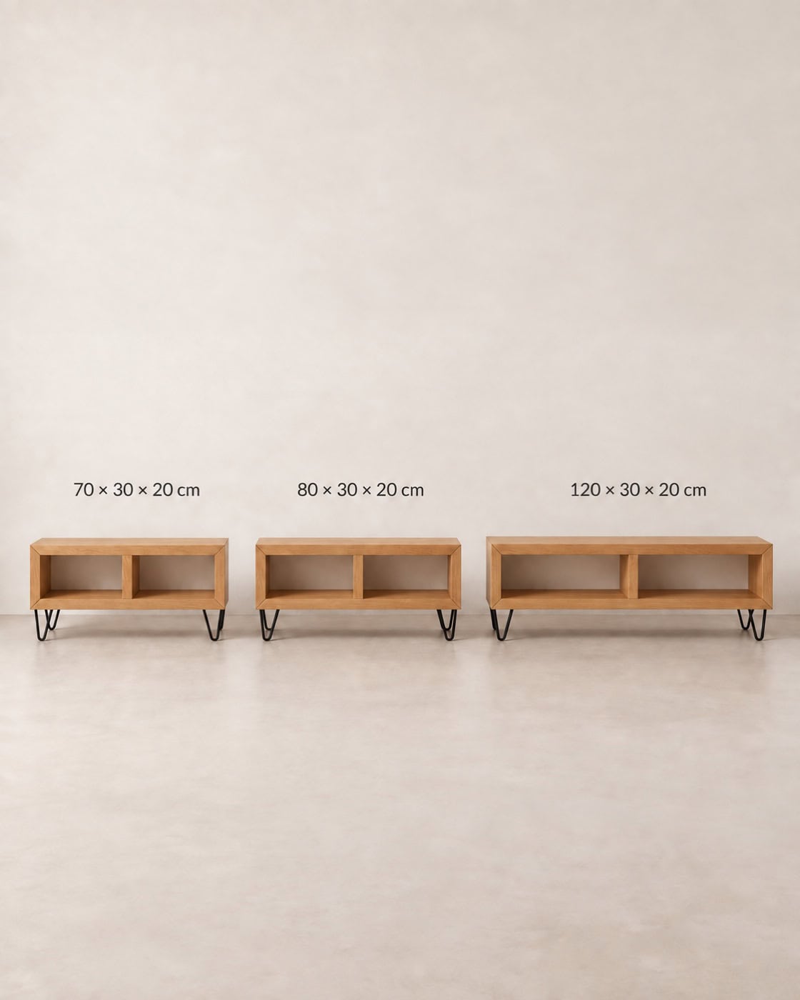 Niedrige Sitzbank aus massiver Eiche mit Maßangaben 70 × 30 × 20 cm; 80 × 30 × 20 cm; 120 × 30 × 20 cm