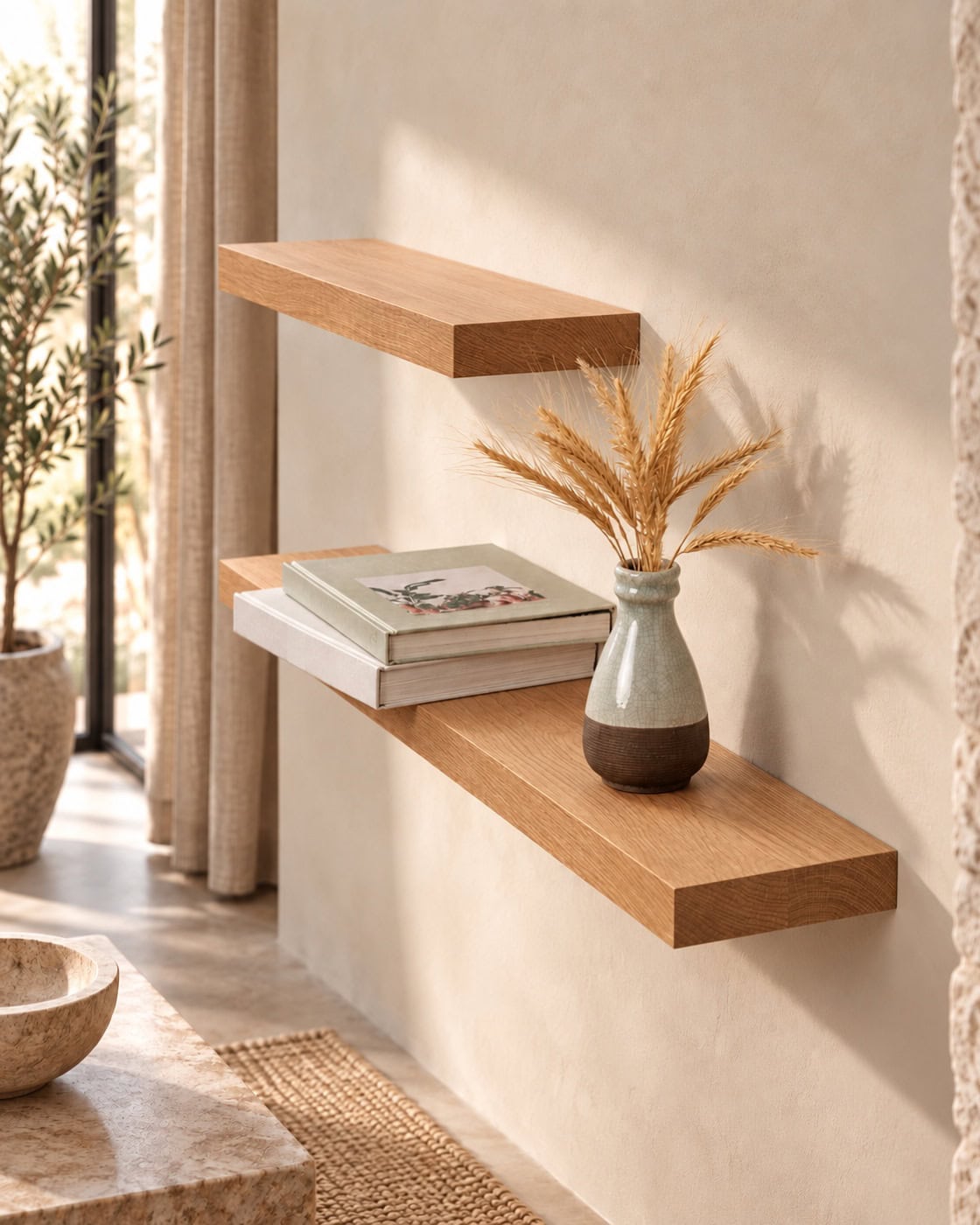 Schweberegal Eiche ohne Baumkante in einem hochwertigen Architekturinterieur